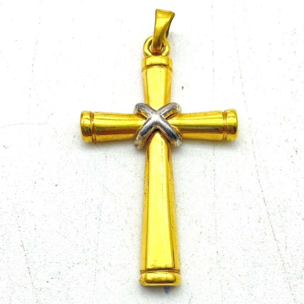 Gold Tone Cross Pendant Marked Korea with Silver X Accent